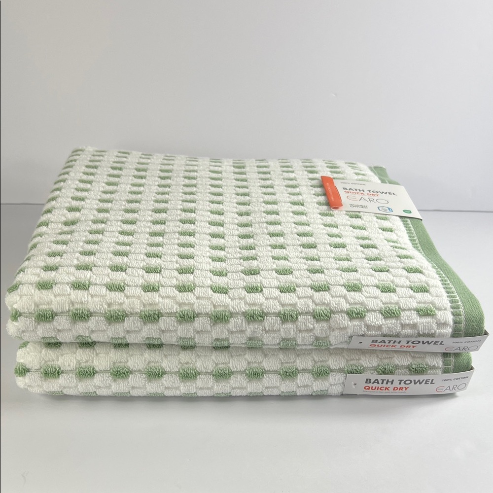 Caro Home Bath Towels Quick Dry Green and White Dot Print Cotton Set of 2 NEW